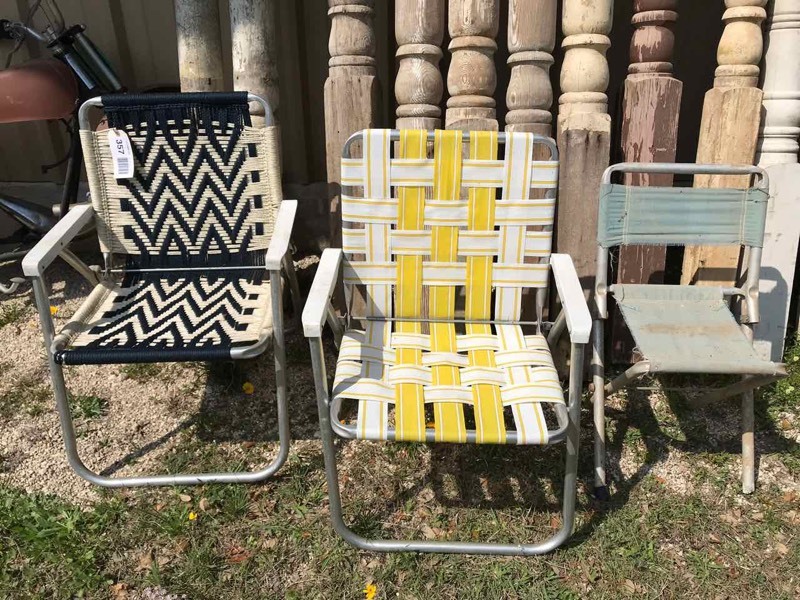 lot 357 image: (2) Groovy Vintage Aluminum Framed Lawn Chairs, Stool