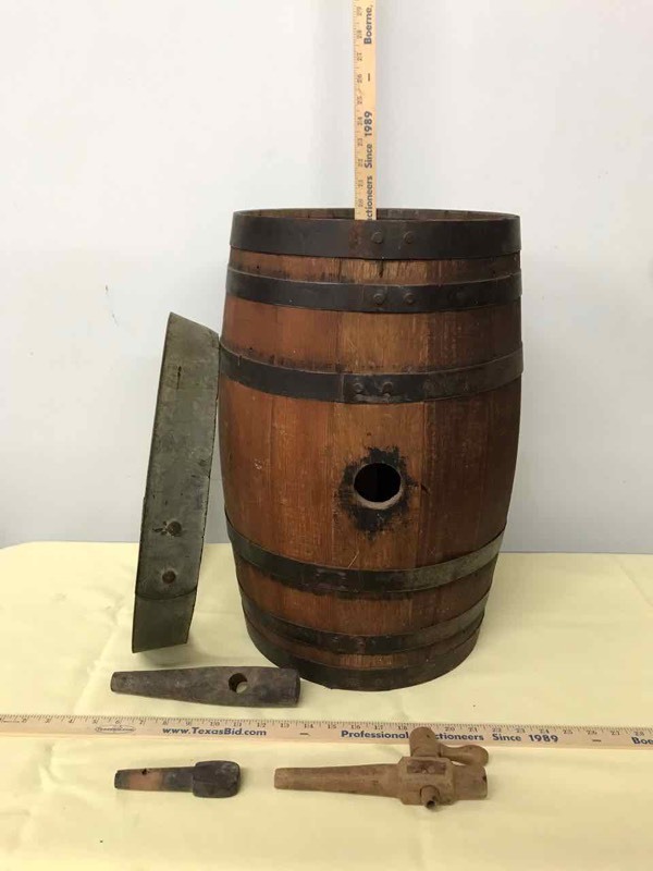 lot 203 image: Wood Beer Keg, Barrel Band, Spigots