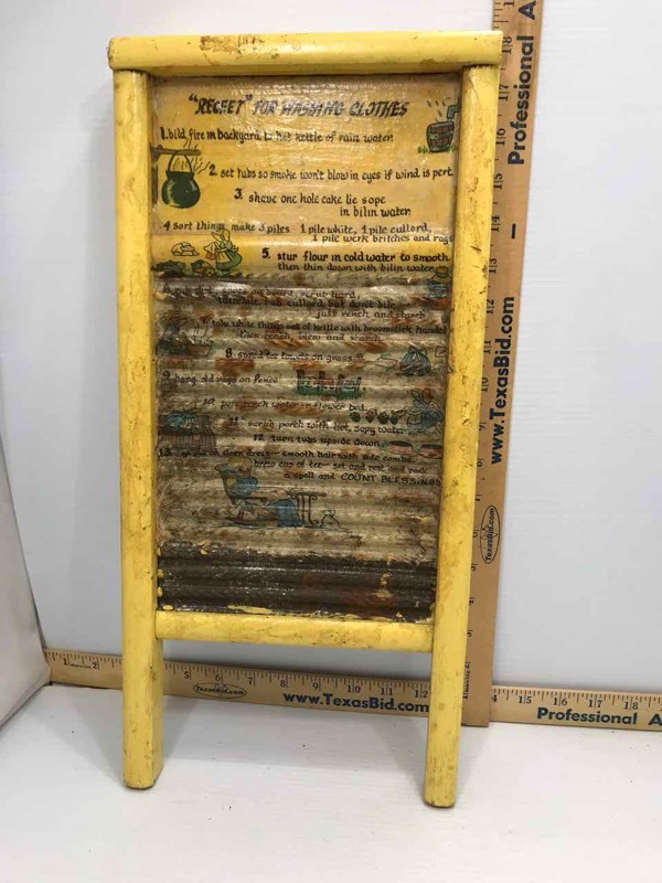 lot 219 image: Washboard Painted Yellow wDecal Receet