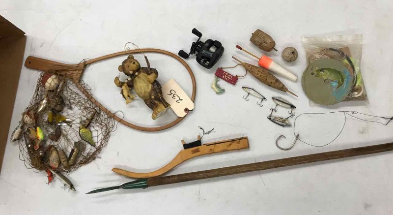 lot 235 image: Old Fishing Lures, Net, Bear Figurine Fishing, Etc.