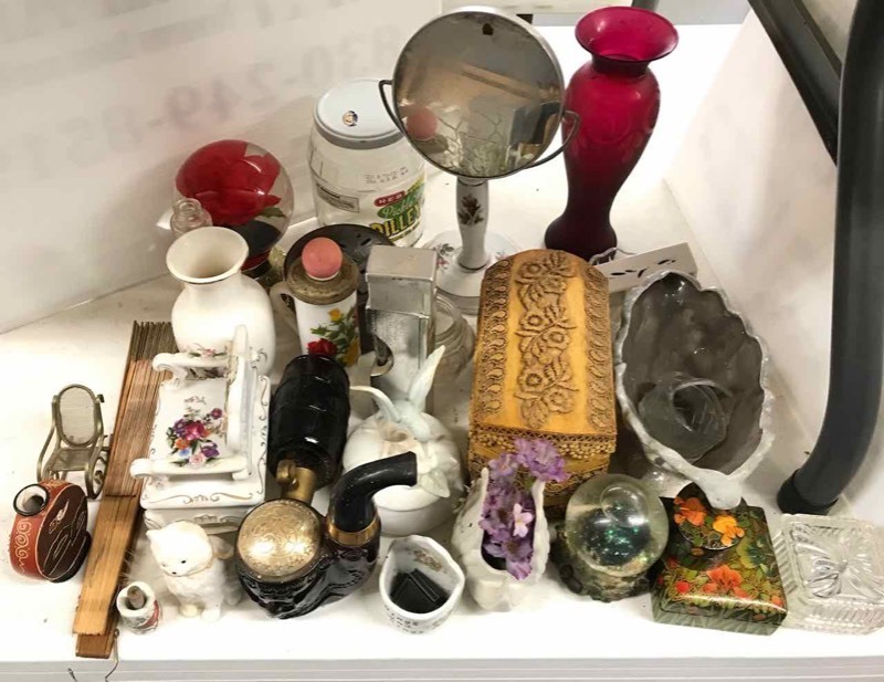 lot 260 image: Dresser Top Vases, Boxes, Mirror, Cologne Bottles, Figurines, Etc.