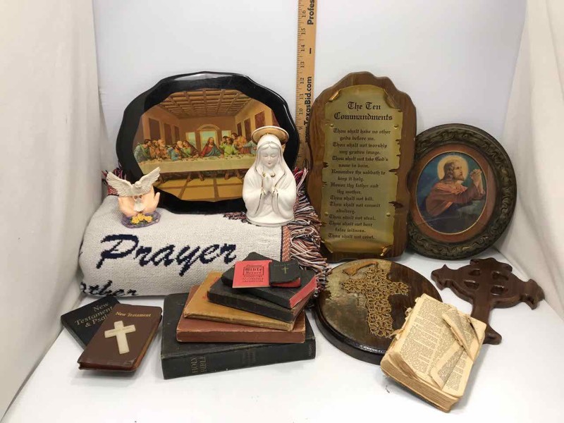 lot 269 image: Religious Lap Throw, Plaques, Crosses, Bibles, Figurines, Etc.