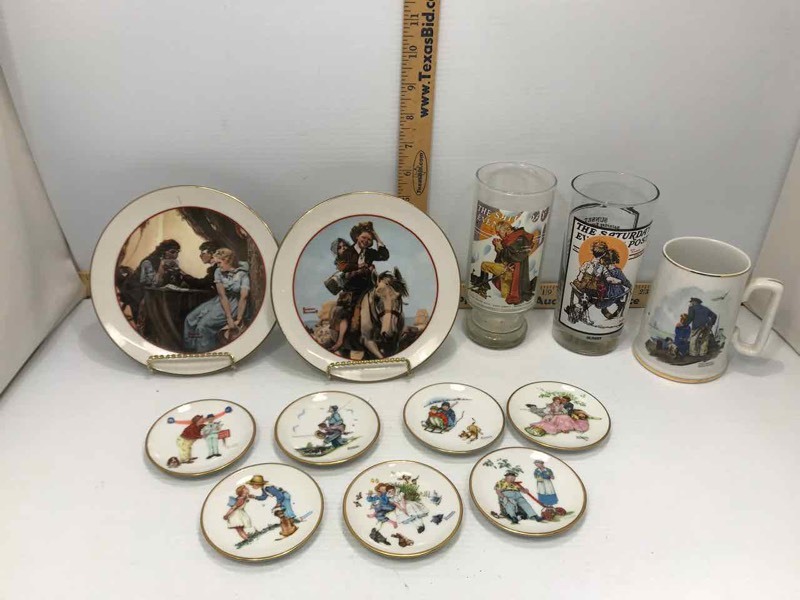 lot 270 image: Norman Rockwell Drinking Glasses, Coasters, Mug, Wall Plates