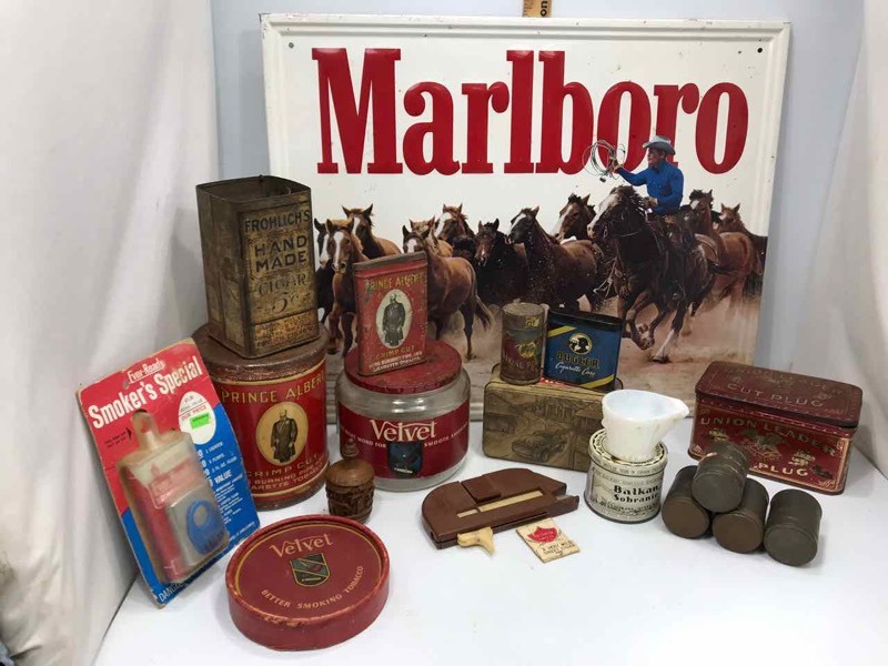 lot 271 image: TobaccoSmoking Tin Sign, Old Product Tins, Snuff Jar, Etc.
