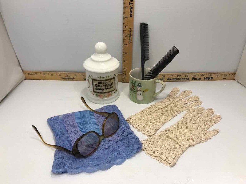 lot 272 image: Vintage Milk Glass Orloff Attar of Petals Jar, Vintage Eye Glasses (Playboy), Ladies Gloves