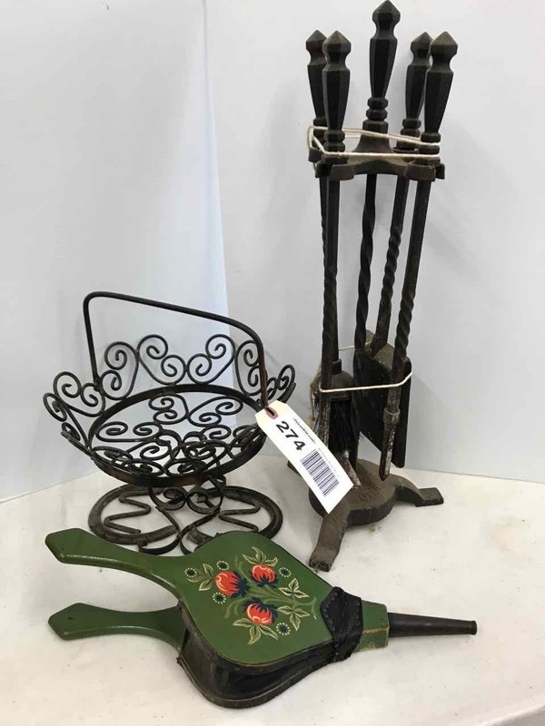 lot 274 image: Fireplace Tools, Bellow, Basket