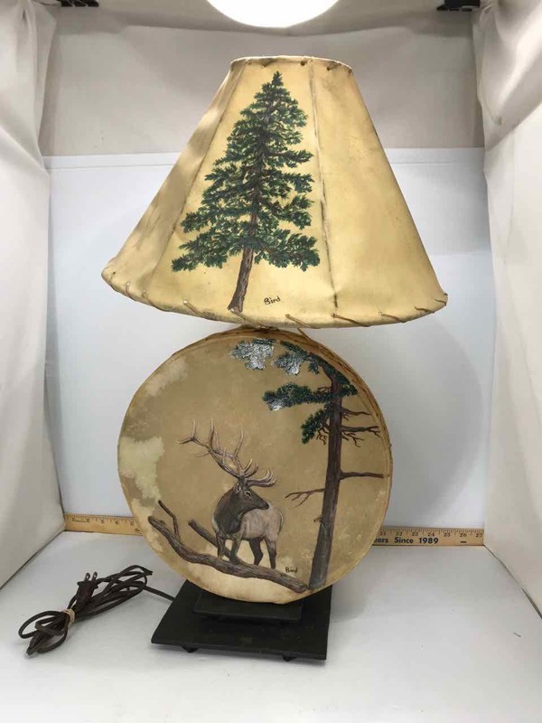 lot 275 image: Lamp Rawhide Painted Drum & Shade (Bird)