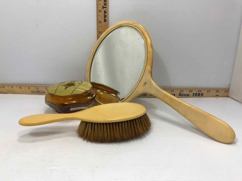 lot 289 image: ViintageAntique Hand Mirror, Hair Brush, Hair Receiver