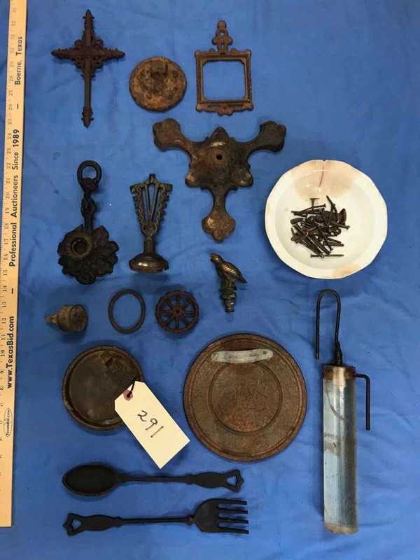 lot 291 image: Plexi Weight, Stove Top Covers, Old Nails, Oiler from Hye Texas Cotton Gyn, Lantern Holder, Cross, Lamp Base, Asst. Metal Things, Etc.