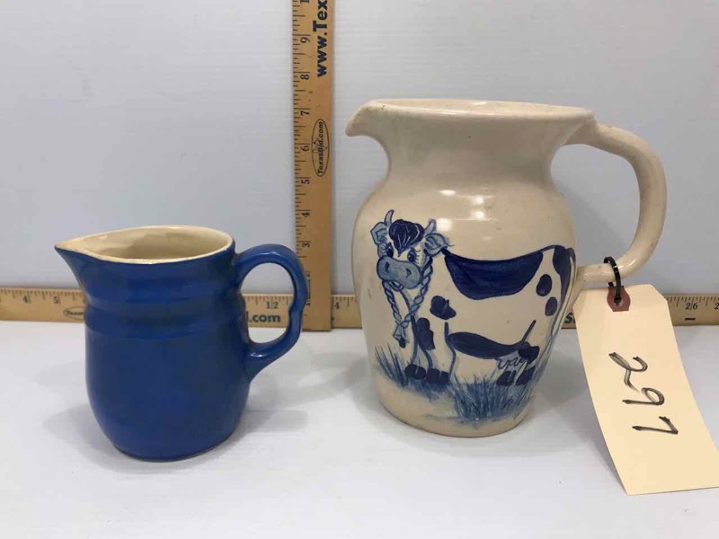 lot 297 image: Marshall Texas Pottery Pitcher with Cow & a Blue Creamer