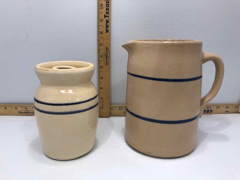 lot 299 image: Stoneware Pitcher & Stoneware Churn (blue stripe)