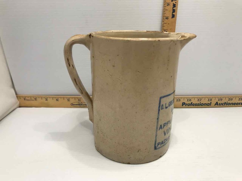 lot 300 image: Antique Stoneware Pitcher ELKO Brand Apple Juice Vinegar (blue)