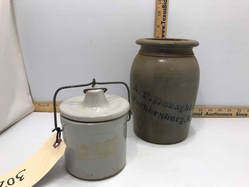 lot 302 image: Stoneware Jar & A.P. Donaghho Parkersburg, W.V. Crock