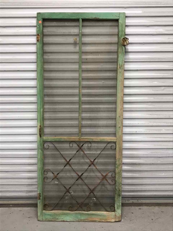 lot 432 image: AntiqueVintage Screen Door (Green, Decorative Metal Work Panel)