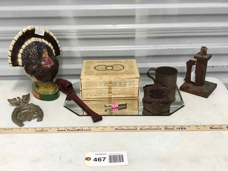 lot 467 image: Dresser Top Mirror, Tin Cup, Print Block, Jewelry Box, Candle Holder, Turkey Shaped Whiskey Bottle