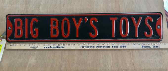 lot 368 image: Big Boys Toys street sign, 32� in.� long x 6� in. tall