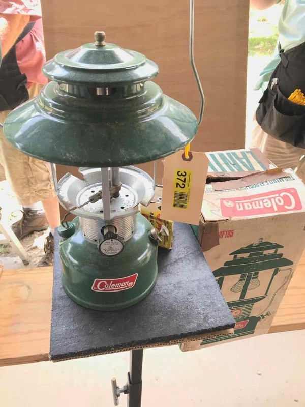 lot 372 image: Coleman Two Mantle Lantern (Coleman fuel style), globe is missing, metal stand.