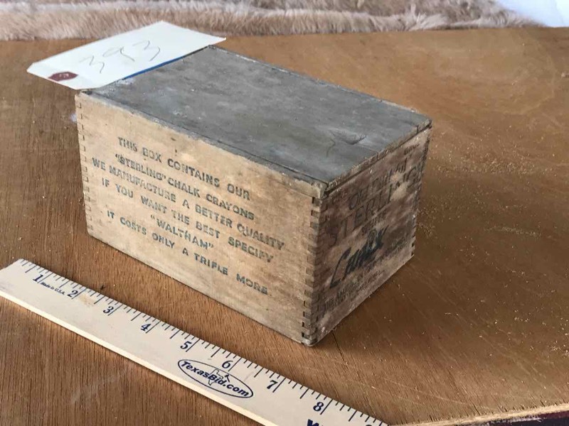 lot 393 image: Old Faithful Chalk box with chalk  Finger-jointed box with lid