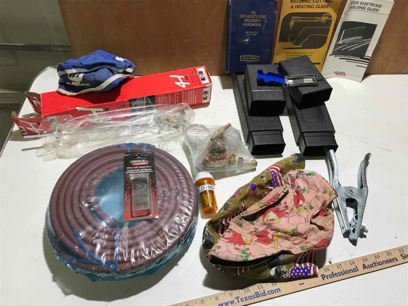 lot 83 image: Welding Supplies  Acetylene gauge, Clamp, Hose, Circle Cutter, etc.