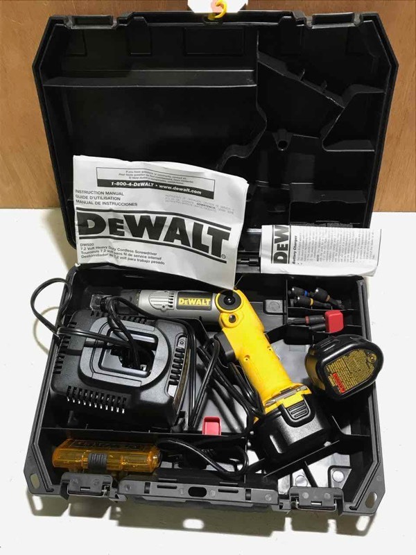 lot 108 image: DeWalt 7.2 Volt Heavy Duty Angled Screwdriver, charger, 2 batteries, case