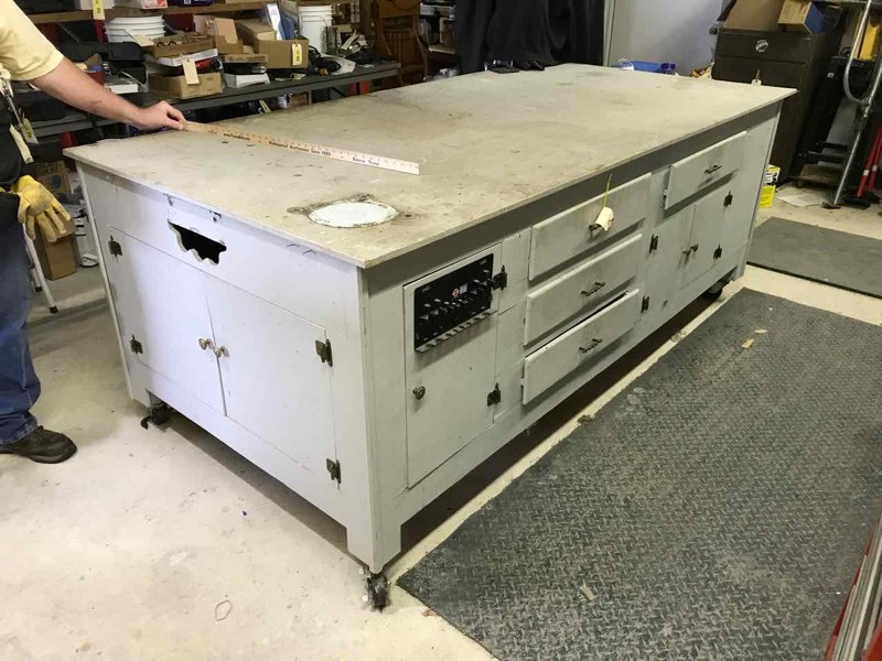 lot 178 image: One Helluva Wood Workbench  On casters with drawers and cabinets,  48� in. x 97� in. x 37 in.� tall