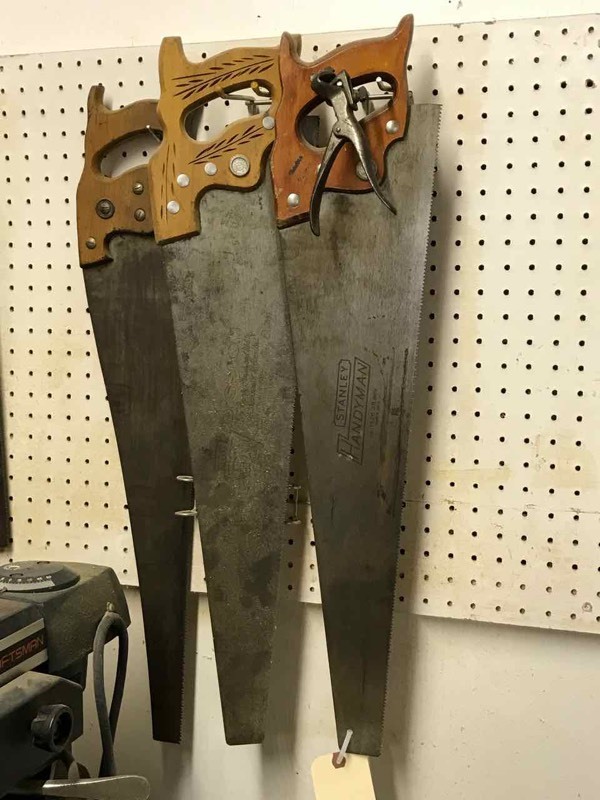 lot 248 image: (3) Hand Saws and a saw tooth set