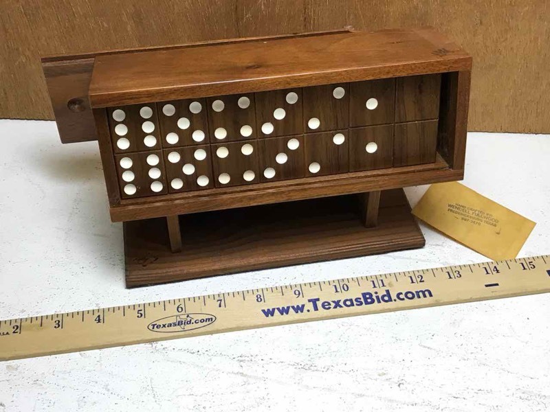 lot 351 image: Walnut Dominoes with case and stand (Pretty nice) Made in Fredericksburg