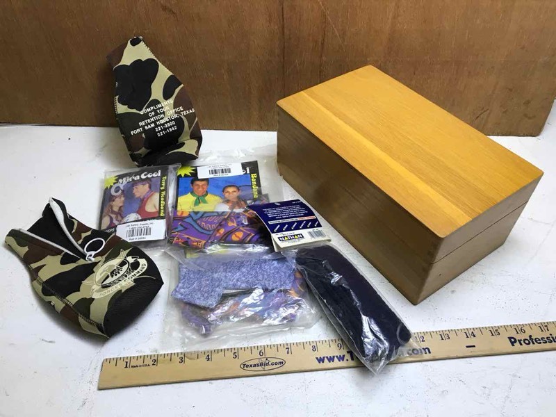 lot 356 image: Wood Card File Box with headbands & Koozies