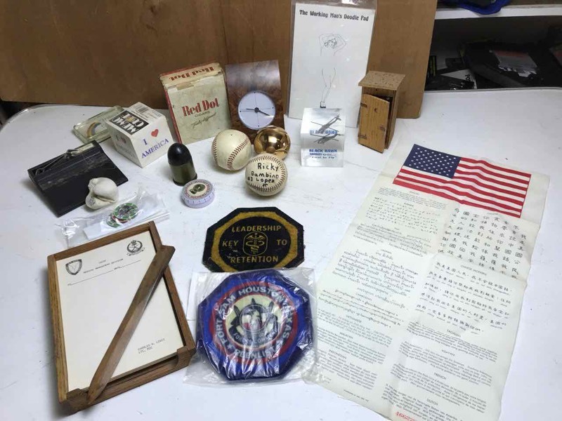 lot 360 image: Box  baseballs, desk top items, 40mm cannon shell, clock, etc.