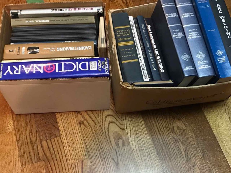 lot 363 image: Books, 2 boxes  Dictionary, welding books, cabinetmaking, etc.