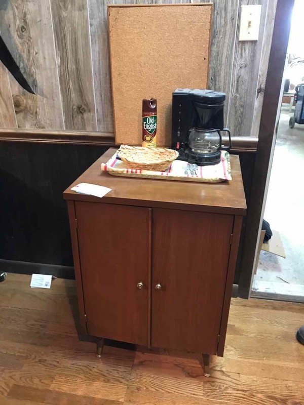 lot 365 image: Cabinet with small coffee pot, misc coffee supplies, etc.