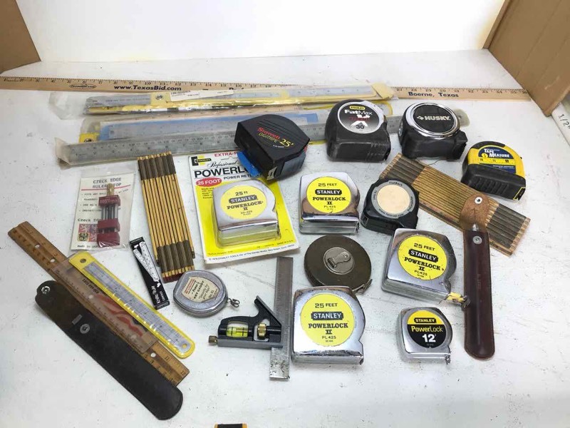 lot 608 image: Measuring Instruments Stanley Tapes, Rulers, Wood Folding Carpenter Rule, etc.