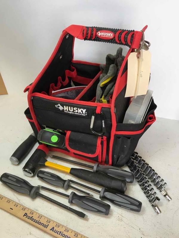 lot 689 image: Husky Tool Tote and tools screwdrivers, tape measure, pliers, hammer, etc. (black & red tote)