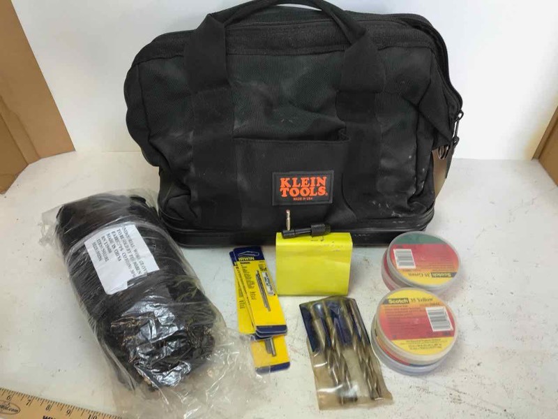 lot 690 image: Klien Tool Bag, gloves, tape, drill bits, etc.