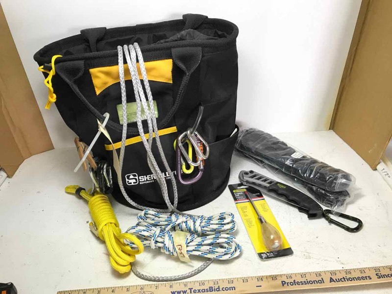 lot 691 image: SherrillTree Tool Tote, carabiners, rope, saw, etc.