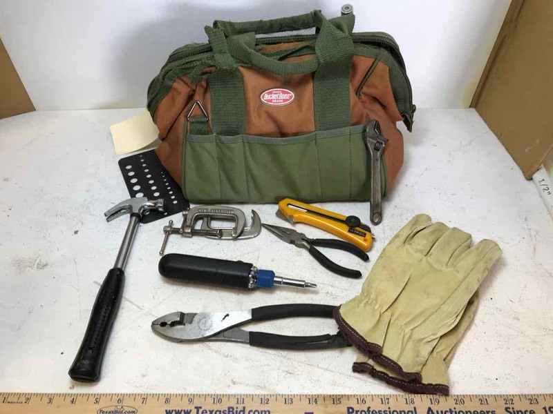 lot 694 image: BucketBoss Tool Tote hammer, pliers, knife, screwdriver, etc.