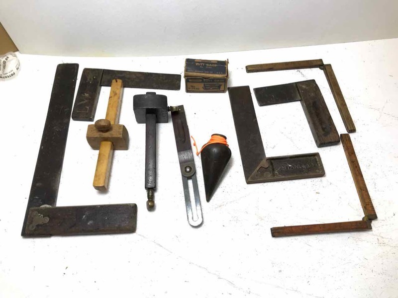 lot 831 image: Scribes, Plumb Bob, Square, Butt Gauge, antique folding pocket rule