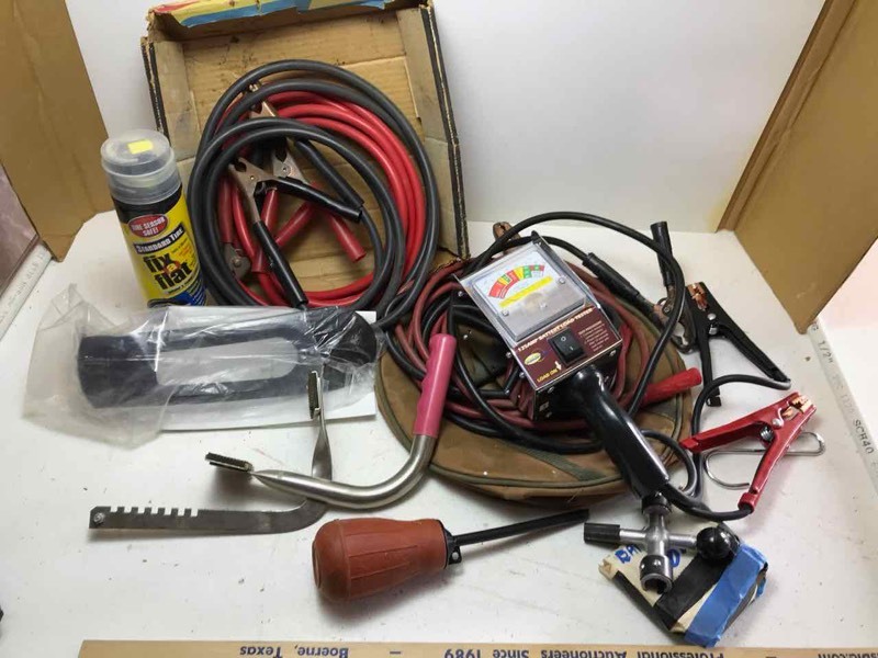 lot 838 image: Automotive Lot Battery Tote, jumper cables, Fix a Flat, Battery Tester