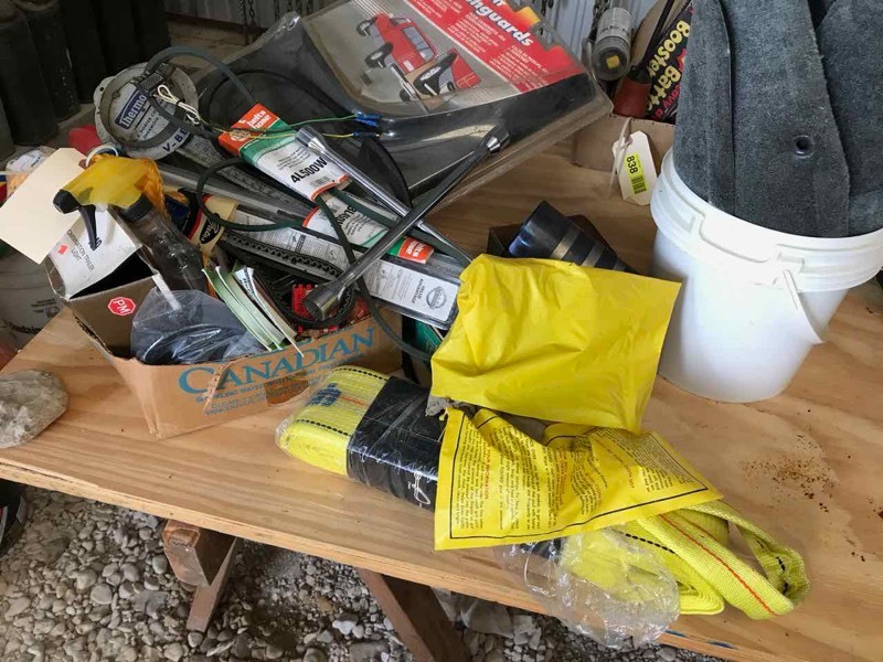lot 839 image: Automotive Lot, (2) Tow Straps, 4-way wrench, splash guard, spark plug gauge, etc.