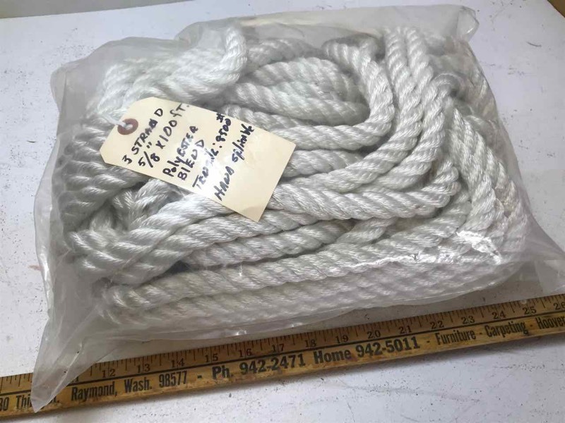 lot 869 image: Rope Three Strand, 58 in Polyester Blend, 8500# Tinsel Strength, 100 ft.