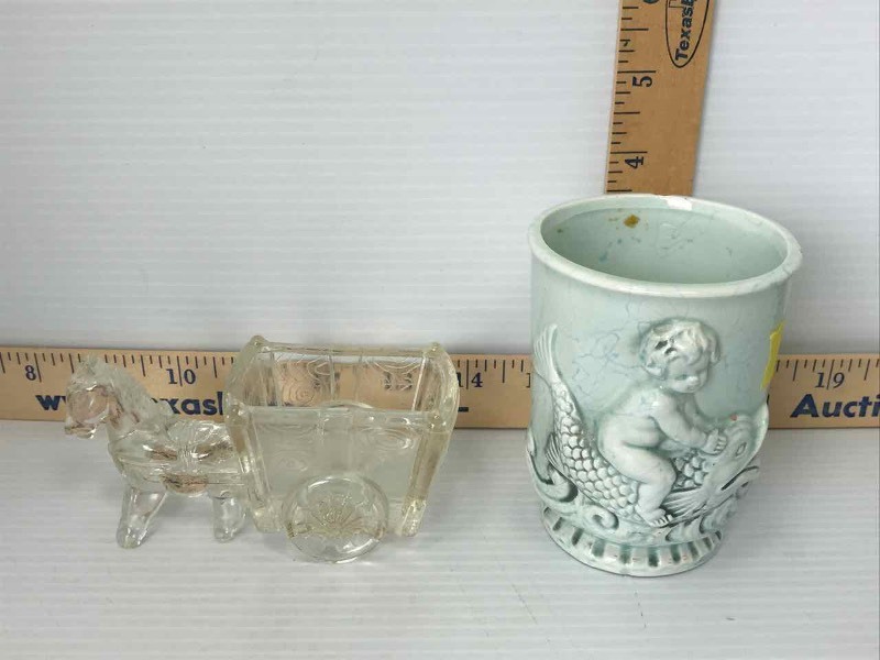lot 76 image: Vintage Glass Donkey & Wagon Toothpick Holder & Baby Mermaid Cup (chips)