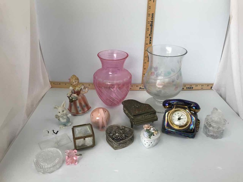 lot 77 image: Dresser Top Items  Vases, Trinket Boxes, Figurines, Etc.