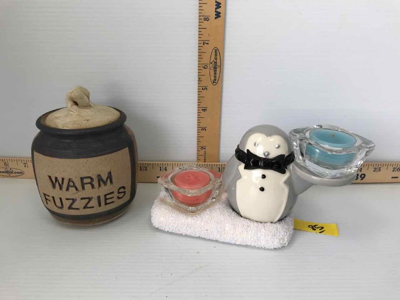 lot 85 image: Yankee Candle Penguin Candle Holder and Warm Fuzzies Pottery Jar