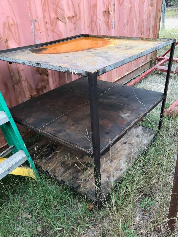 lot 114 image: Metal Homemade 3-Tier Shop Cart on Metal Wheels