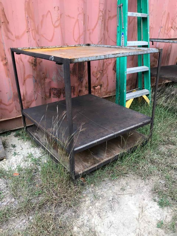 lot 113 image: Metal Homemade 3-Tier Shop Cart on Metal Wheels