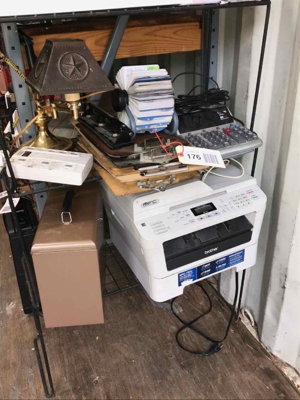 lot 176 image: Brother MFC-7360N FaxCopyScan, Clip Boards, Adding Machine, Desk Lamp, File Box (no key, open)