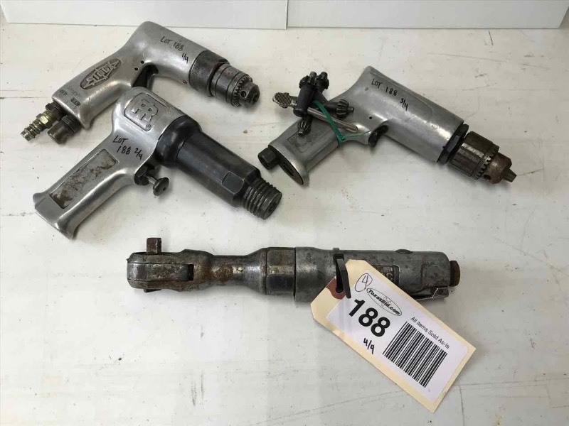 lot 188 image: Pneumatic Tools  I.R. Air Hammer, Rodac 38 Ratchet, (2) Drills