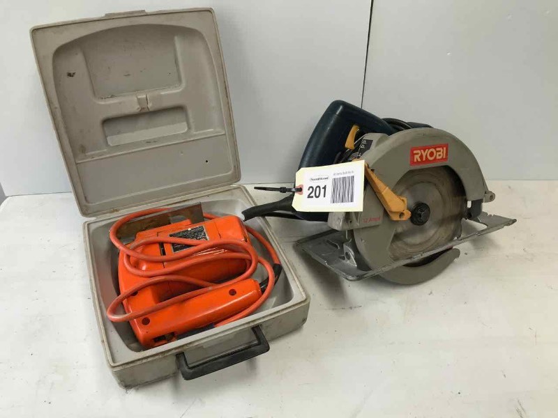 lot 201 image: Ryobi 7-14in. Circular Saw and Black & Decker Jig Saw