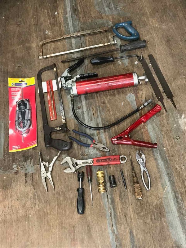 lot 209 image: Assorted Tools Grease Gun, Mechanics Stethoscope, Screw Driver, Battery Terminal Cleaner, Hacksaw, Etc.