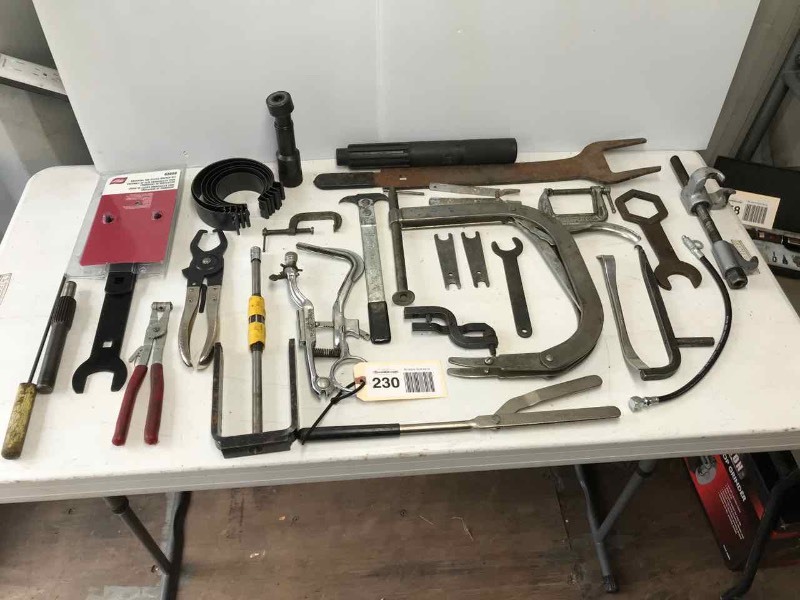 lot 230 image: Ring Compressor, Valve Spring Tool, Piston Groove Cleaner, Lisle #43600 Universal Fan Clutch Wrench, Asst. Tools